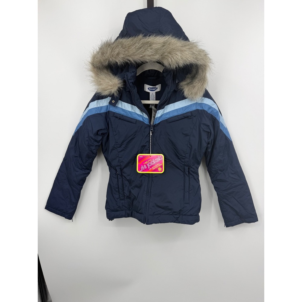 Old Navy Retro Ski Jacket Women XS Navy Blue Faux Fur Hood Chevron Puffer NWT